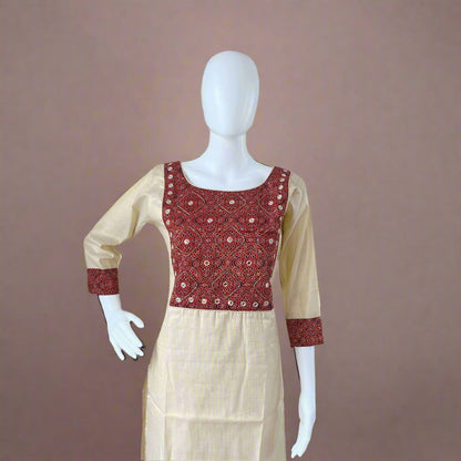 Women's Kerala Traditional Maroon Ajrakh Kurti with Mirror work