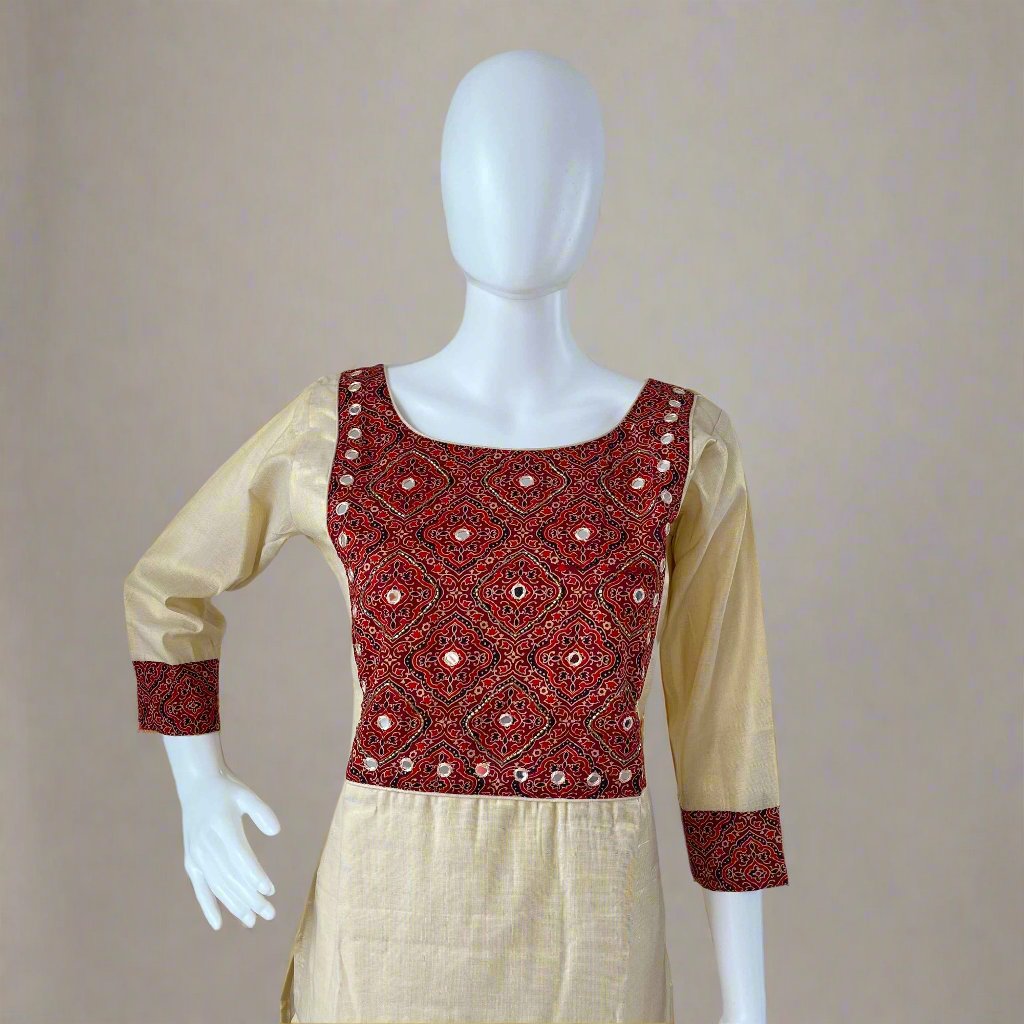 Women's Kerala Traditional Maroon Ajrakh Kurti with Mirror work