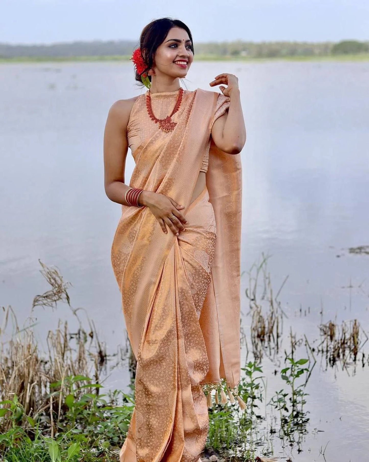 Silk Blend Orange Woven Design Designer Saree With Unstitched Blouse Piece