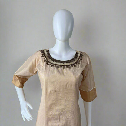 Kerala Kasavu Cotton Slitted Kurti with Net Detailing