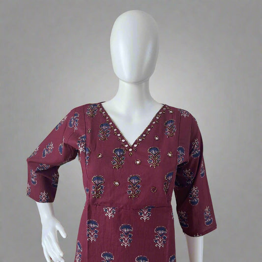 Women's Ajrakh Maroon Handwork V Neck Kurti