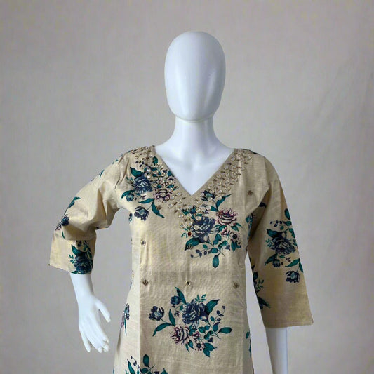 Kerala Kasavu Tissue Floral Print Kurti Teal Blue with Handwork