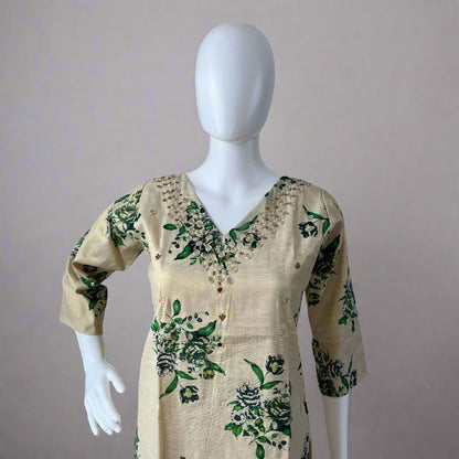 Kerala Kasavu Tissue Floral Print Kurti Green with Handwork