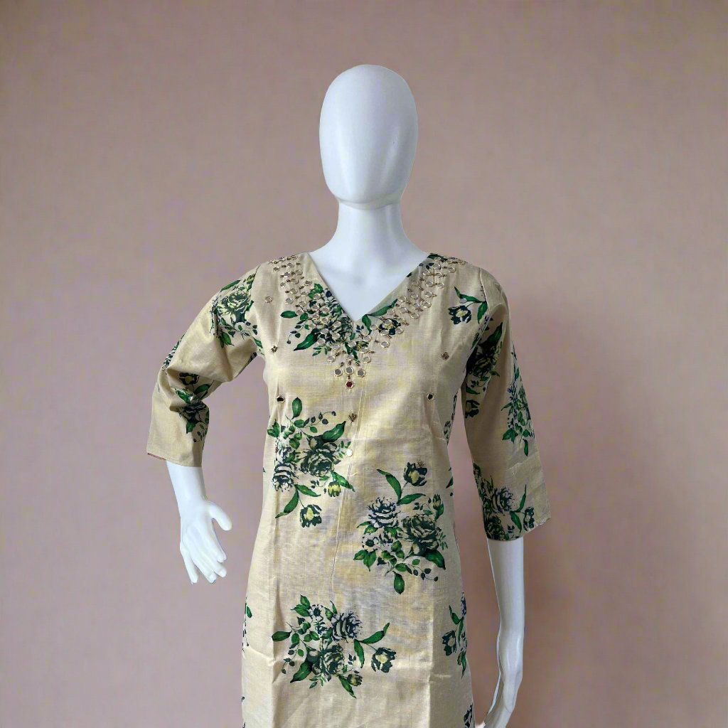 Kerala Kasavu Tissue Floral Print Kurti Green with Handwork