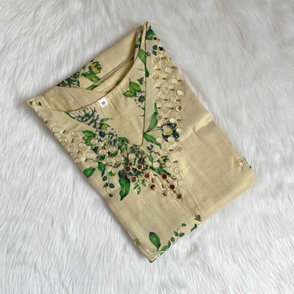 Kerala Kasavu Tissue Floral Print Kurti Green with Handwork