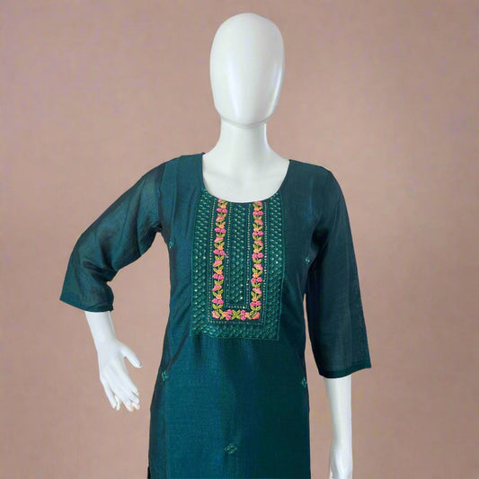 Women's Bottle Green Vichitra Silk Stitched Kurti with lining