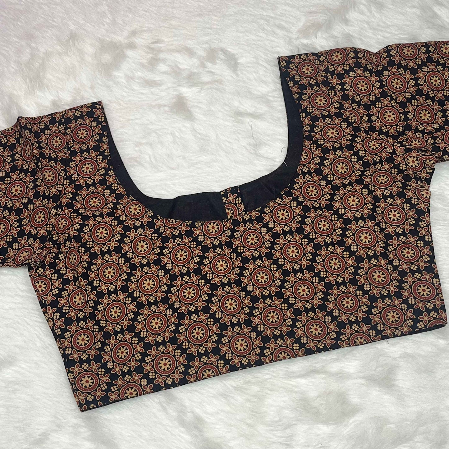 Ajrakh Print Non Paded Black Color Cotton Ready To Wear Blouse