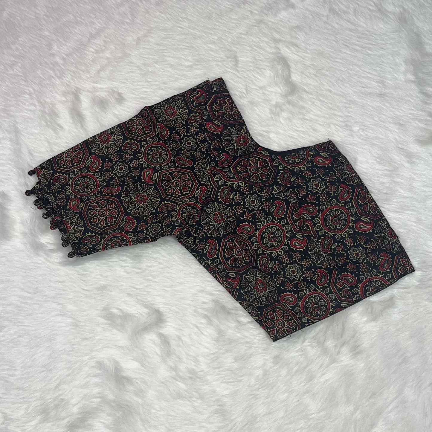 Ajrakh Print Non Paded Cotton Ready To Wear Black Color Blouse