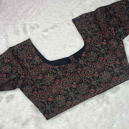 Ajrakh Print Non Paded Cotton Ready To Wear Black Color Blouse