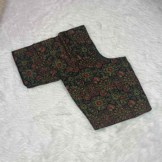 Ajrakh Print Non Paded Cotton Ready To Wear Dark Green Color Blouse