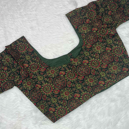 Ajrakh Print Non Paded Cotton Ready To Wear Dark Green Color Blouse