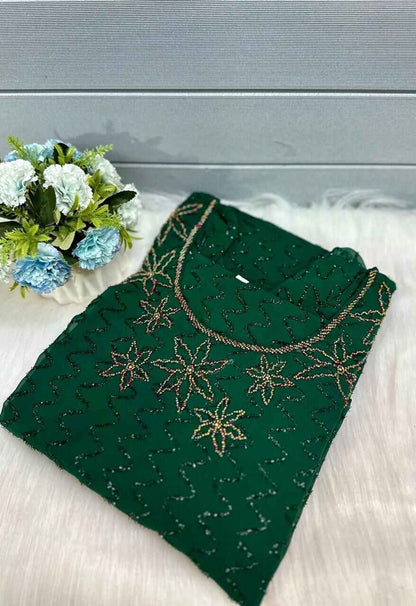 Green Georgette Zig Zag Fur ALine with multicolored Bead Work Kurti