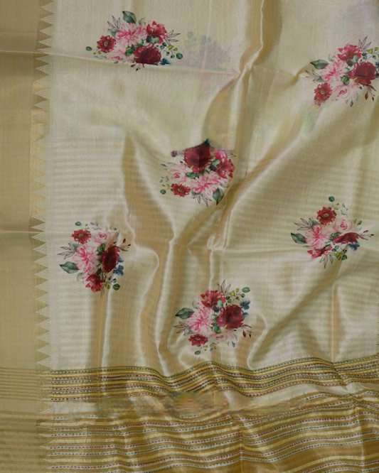 Traditional Kerala Kasavu Silk Saree with Majenta Floral Print (with blouse piece)