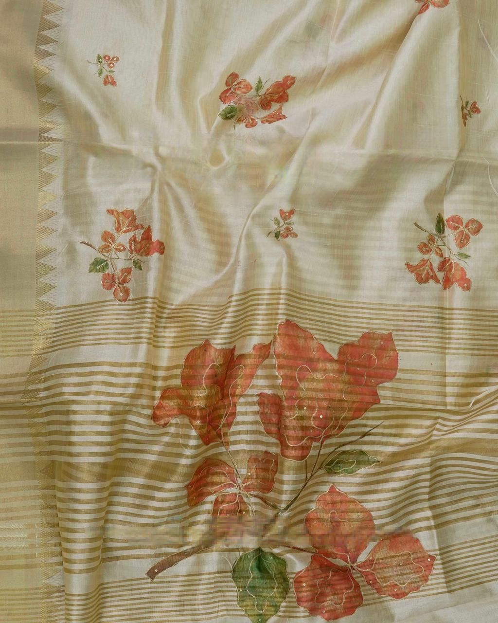 Traditional Kerala Kasavu Tissue Saree with Orange Floral Print (with blouse piece)