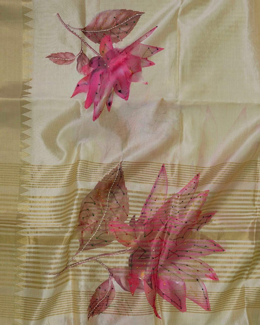 Traditional Kerala Kasavu Tissue Saree with Pink Floral Print (with blouse piece)