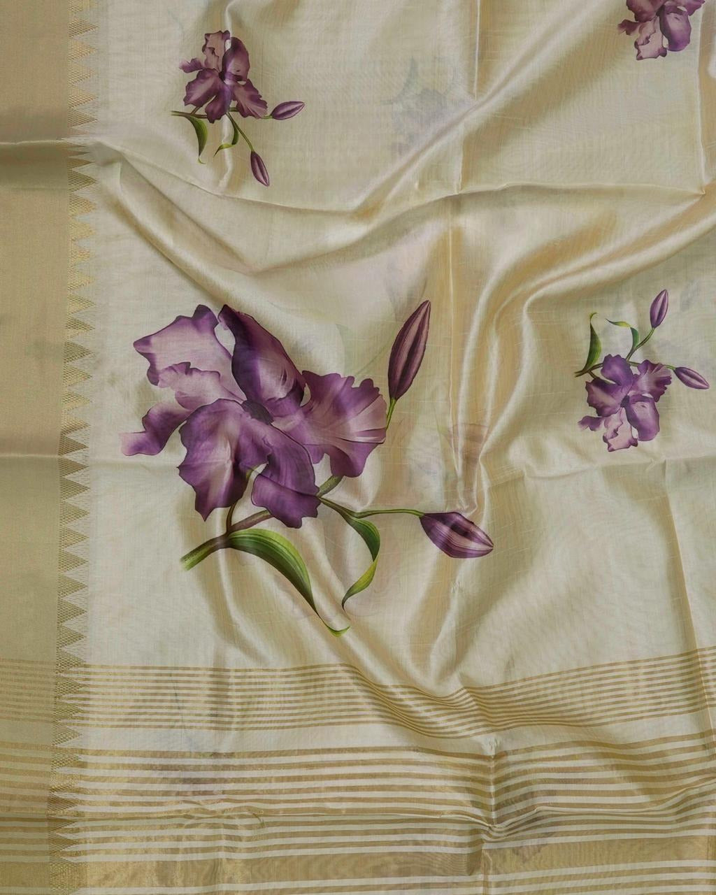 Traditional Kerala Kasavu Tissue Saree with Purple Floral Print (with blouse piece)